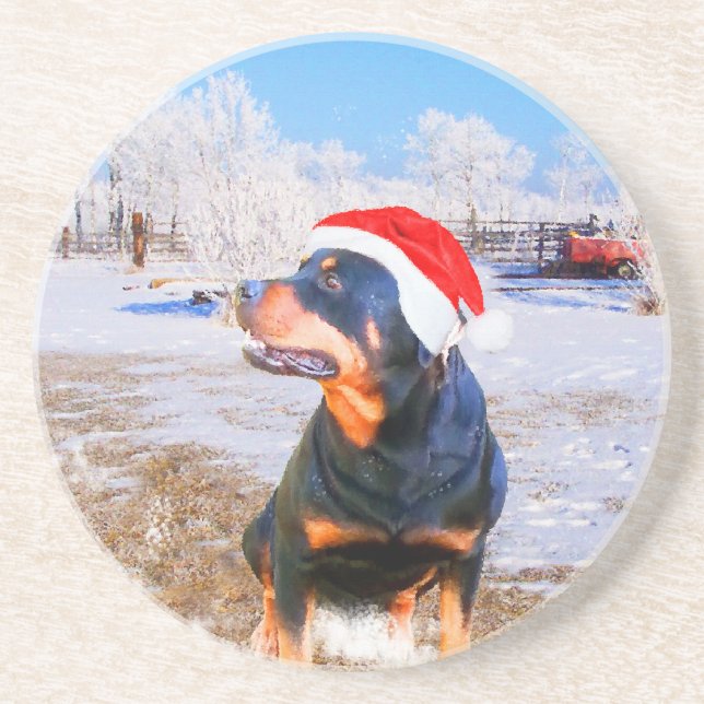 Dessous De Verre En Grès Peinture de Noël de chien Rottweiler (Devant)