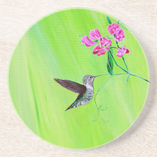 Dessous De Verre En Grès Peinture des colibris et des petits pois (Devant)