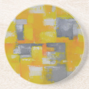 Dessous De Verre En Grès peinture gris jaune blanc abstrait