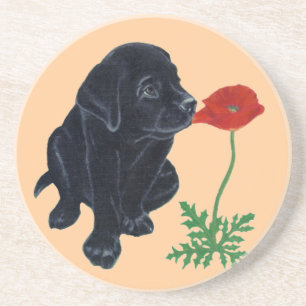 Dessous De Verre En Grès Peinture noire de chiot et de pavot de Labrador