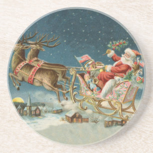 Dessous De Verre En Grès Père Noël Antique Sleigh Reindeer