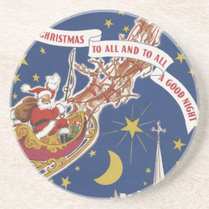Dessous De Verre En Grès Père Noël de Noël vintage avec rennes volants