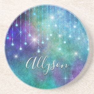Dessous De Verre En Grès Personalize Name, Purple & Teal, Lights & Sparkle