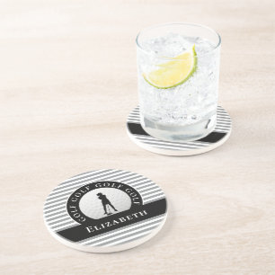 Dessous De Verre En Grès Personnalisé Golfer Monogramme Nom Gris Noir Chic