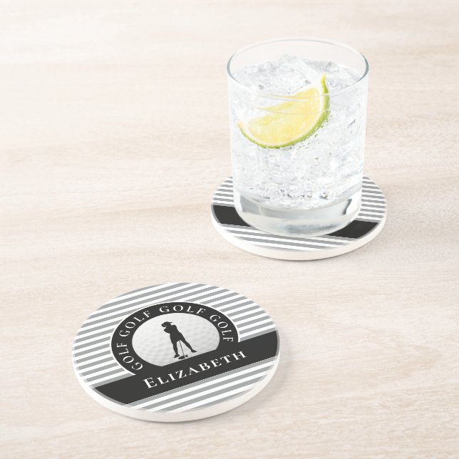 Dessous De Verre En Grès Personnalisé Golfer Monogramme Nom Gris Noir Chic (Côté)