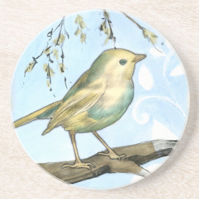 Dessous De Verre En Grès Petit oiseau jaune perché sur une branche Recherch (Devant)