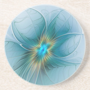 Dessous De Verre En Grès Petite Beauté Moderne Bleu Or Fractal Art Flower