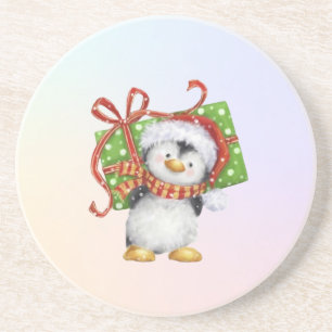 Dessous De Verre En Grès Pingouin de Noël avec cadeau - Holiday Deco