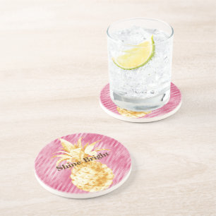 Dessous De Verre En Grès Pink Glam Stripes Gold Tropical Pineappy