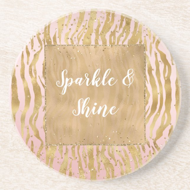 Dessous De Verre En Grès Pink Gold Glitz Sparkle Zebra Print (Devant)