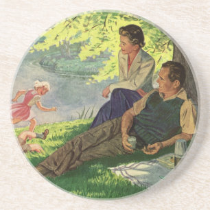Dessous De Verre En Grès Pique-nique familial vintage amusant sous un arbre