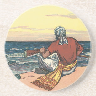 Dessous De Verre En Grès Pirates Vintage, Naufragés sur une Île Déserte