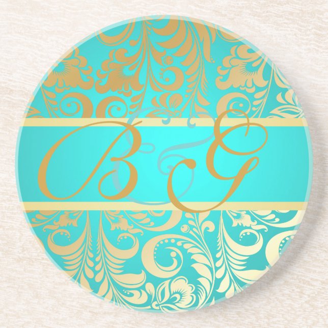 Dessous De Verre En Grès PixDezines Bellissimo Damask, Mariage Monogramme (Devant)