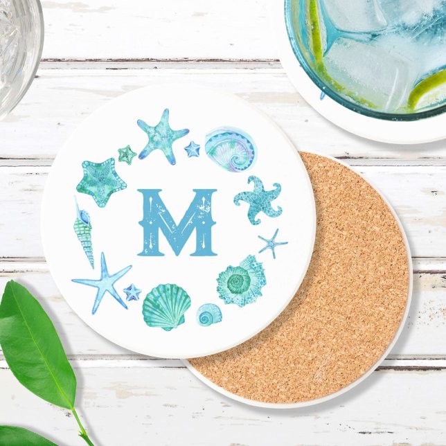 Dessous De Verre En Grès Plage Coastal Sea Shells et Starfish Monogramme (Beach Coastal Sea Shells and Starfish Monogrammed Coaster)
