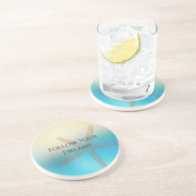 Dessous De Verre En Grès Plage d'étoile de mer bleu aqua blanc turquoise (Côté)