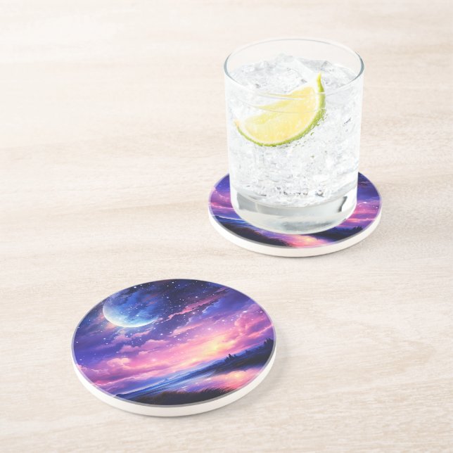 Dessous De Verre En Grès Pleine lune Céleste Étoiles Nuages Mystique Violet (Côté)