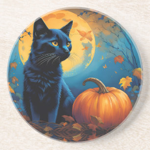 Dessous De Verre En Grès Pleine lune Citrouille de Kitten noir Feuilles d'a
