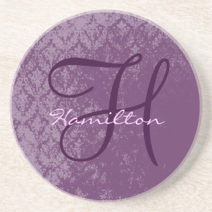 Dessous De Verre En Grès Plum Damask Monogramme Mariage Anniversaire Dessou