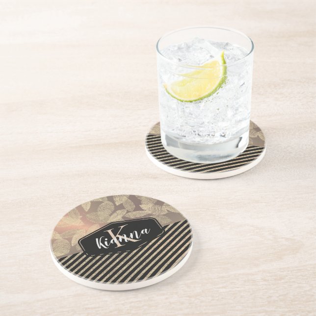 Dessous De Verre En Grès Plumes chic avec stries or Monogramme (Côté)