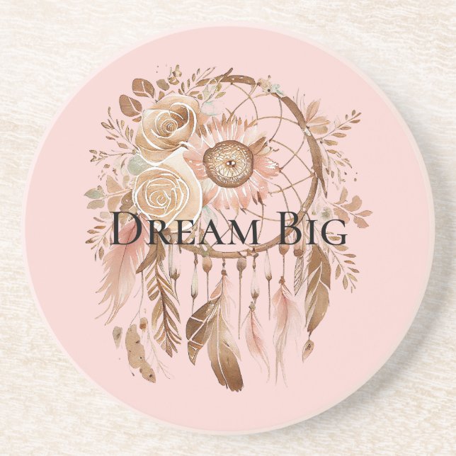 Dessous De Verre En Grès Plumes de fleurs rose pâle Dream Catcher (Devant)