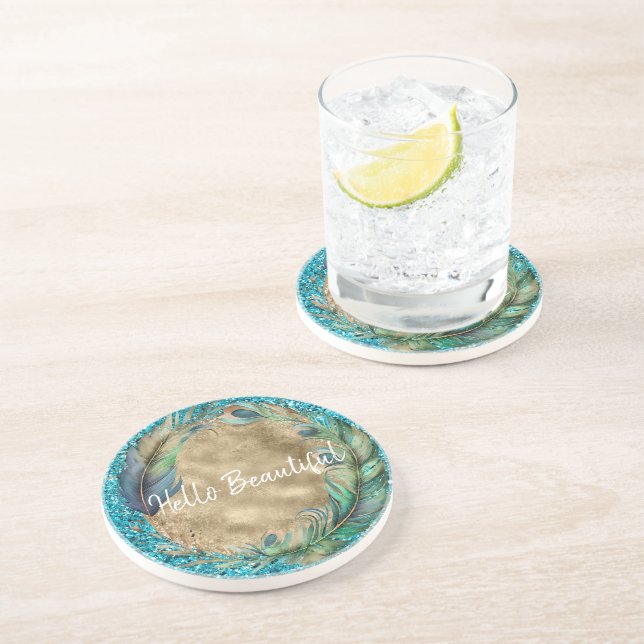 Dessous De Verre En Grès Plumes de paon Parties scintillant bleu turquoise (Côté)