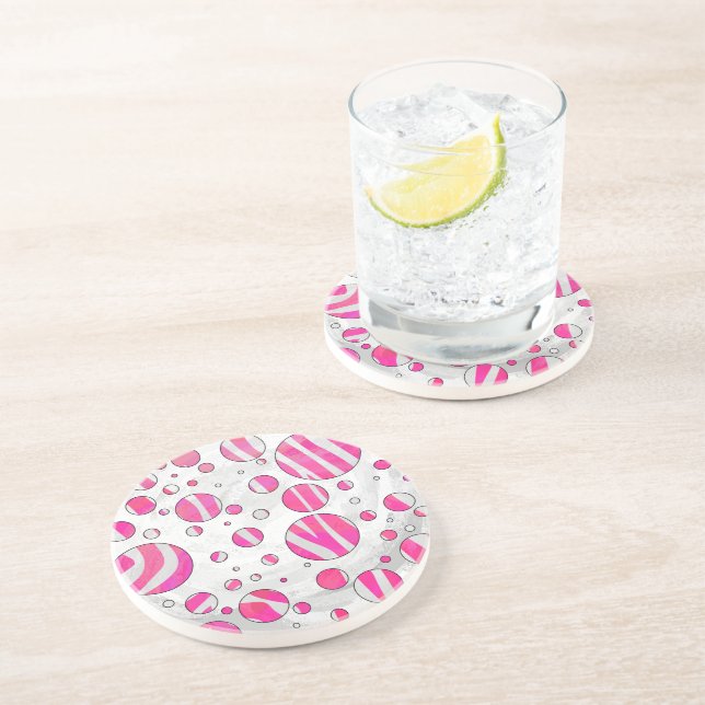 Dessous De Verre En Grès Pois Zèbre rose chaud et blanc (Côté)