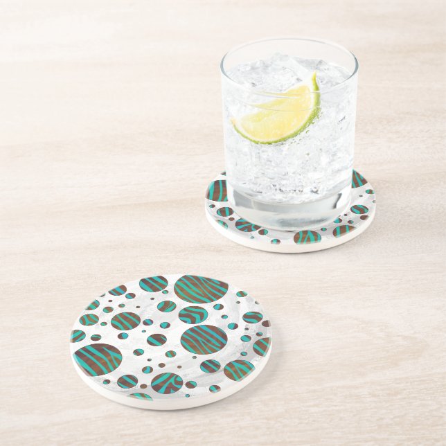 Dessous De Verre En Grès Polka Dot Zebra Brown et Turquoise (Côté)