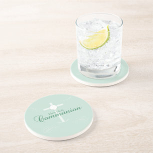 Dessous De Verre En Grès Première communion, écriture en vert clair