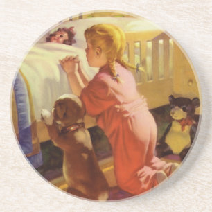 Dessous De Verre En Grès Prières au coucher, Fille avec chiot, Religion Vin