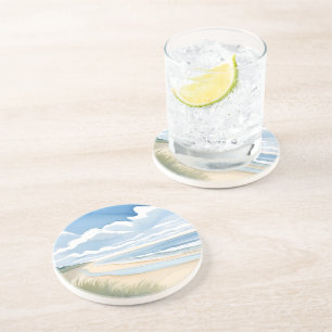 Dessous De Verre En Grès Promenade du rivage   Aquarelle de l'océan côtier