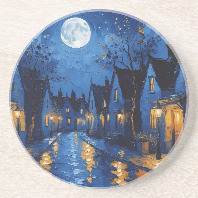 Dessous De Verre En Grès Pueblo de noche con luces y faroles (Devant)