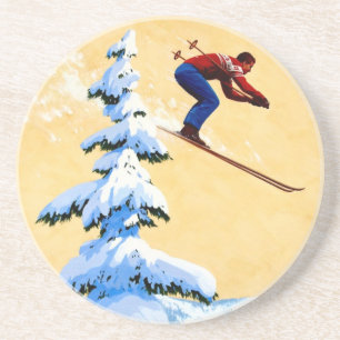 Dessous De Verre En Grès Pullover vintage d'affiche de ski, de ski et pins