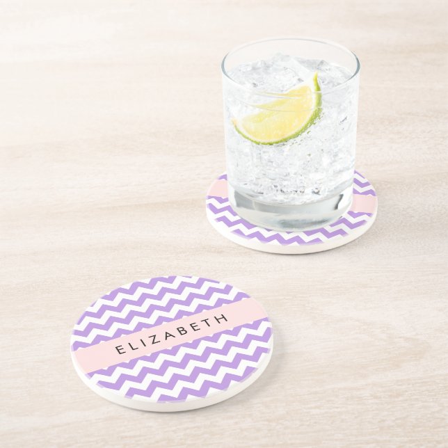 Dessous De Verre En Grès Purple Zigzag, Purple Chevron, Votre Nom (Côté)