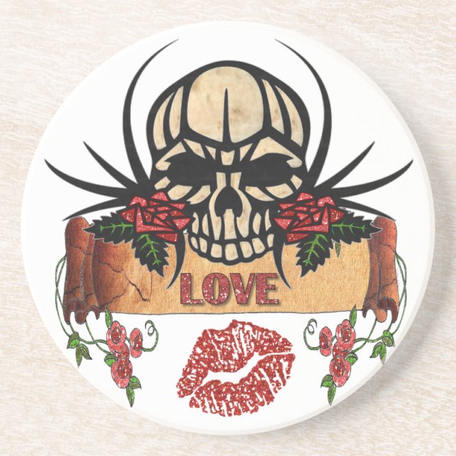 Dessous De Verre En Grès RAB Rockabilly Crâne Roses Love Lipstick (Devant)