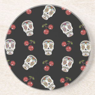 Dessous De Verre En Grès RAB Rockabilly Sugar Skulls Cherries On Black