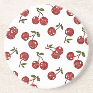 Dessous De Verre En Grès RAB Rockabilly Très Cerises Cerises Sur Fond Blanc