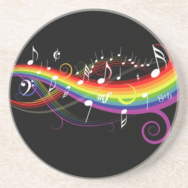 Dessous De Verre En Grès Rainbow White Music Notes sur Black (Devant)