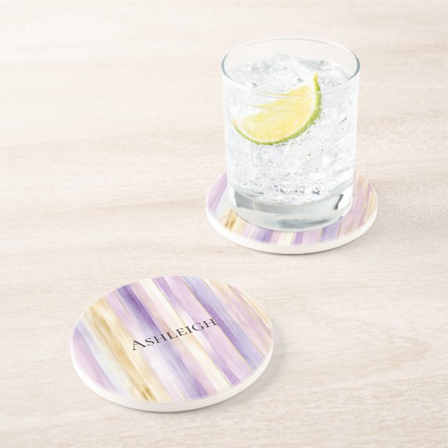 Dessous De Verre En Grès Rayures d'iris à la crème violette   (Côté)