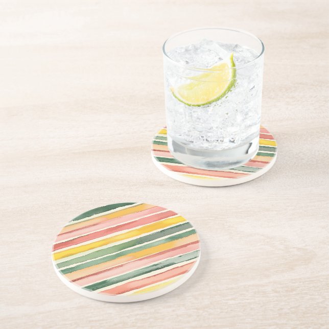 Dessous De Verre En Grès Rayures rose jaune vert (Côté)