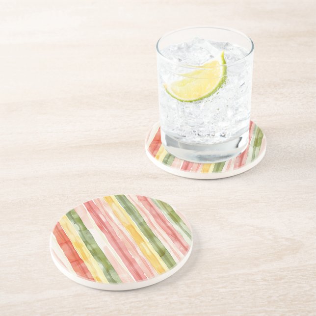 Dessous De Verre En Grès Rayures rose vert jaune (Côté)