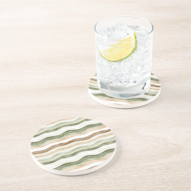 Dessous De Verre En Grès Rayures Vert Crème Marron (Côté)