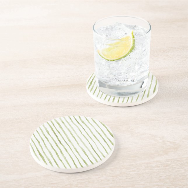Dessous De Verre En Grès Rayures Vertes Blanches (Côté)