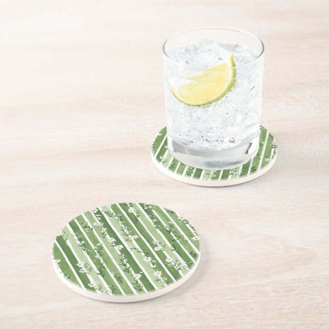 Dessous De Verre En Grès Rayures Vertes Fleurs Blanches (Côté)