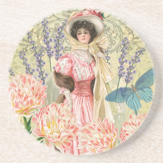 Dessous De Verre En Grès Regency de femme victorienne rose (Devant)