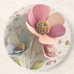 Dessous De Verre En Grès Relief Floral en Céramique Sculptée et Feuille d'O