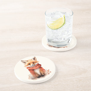 Dessous De Verre En Grès Renard mignon en écharpe rouge