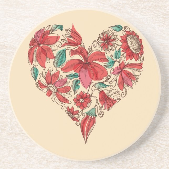 Dessous De Verre En Grès Rétro coeur de symbole d'amour de fleurs (Devant)
