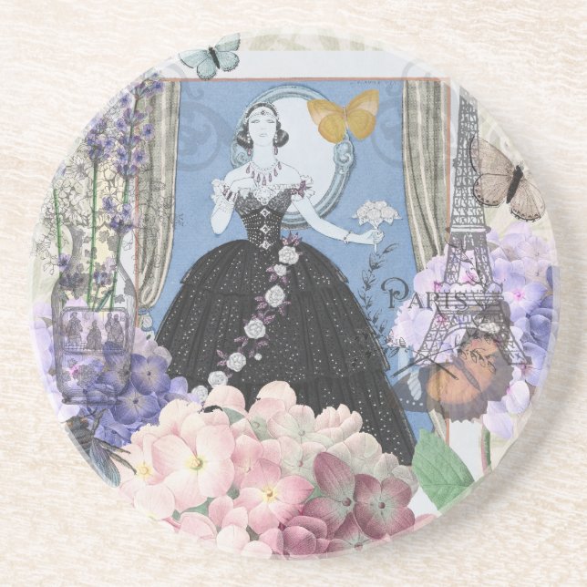 Dessous De Verre En Grès Robe élégante bleue pour femme, fantaisie florale  (Devant)