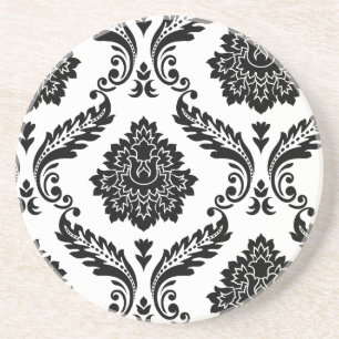 Dessous De Verre En Grès Rococo Damassé Motif Décalé Noir sur Blanc