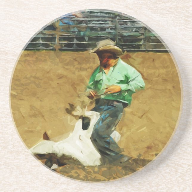 Dessous De Verre En Grès Rodeo Calf Roping Impressionnisme Abstrait (Devant)